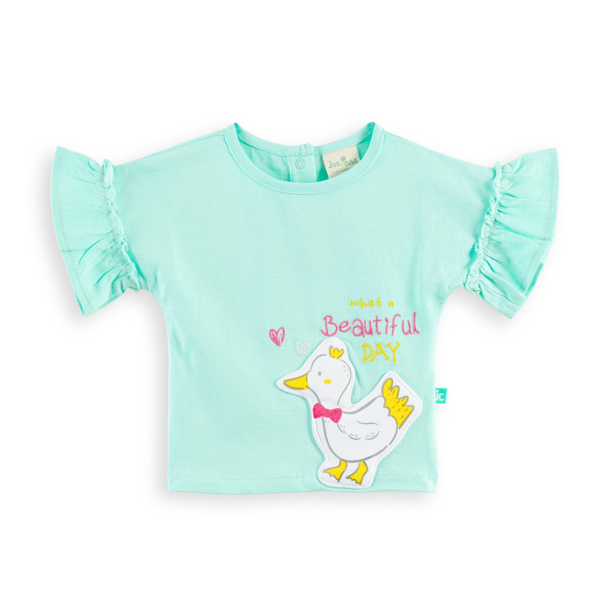 "Baby Girls Mint Green T-Shirt with Duck Print & Pink Floral Ruffle Shorts"