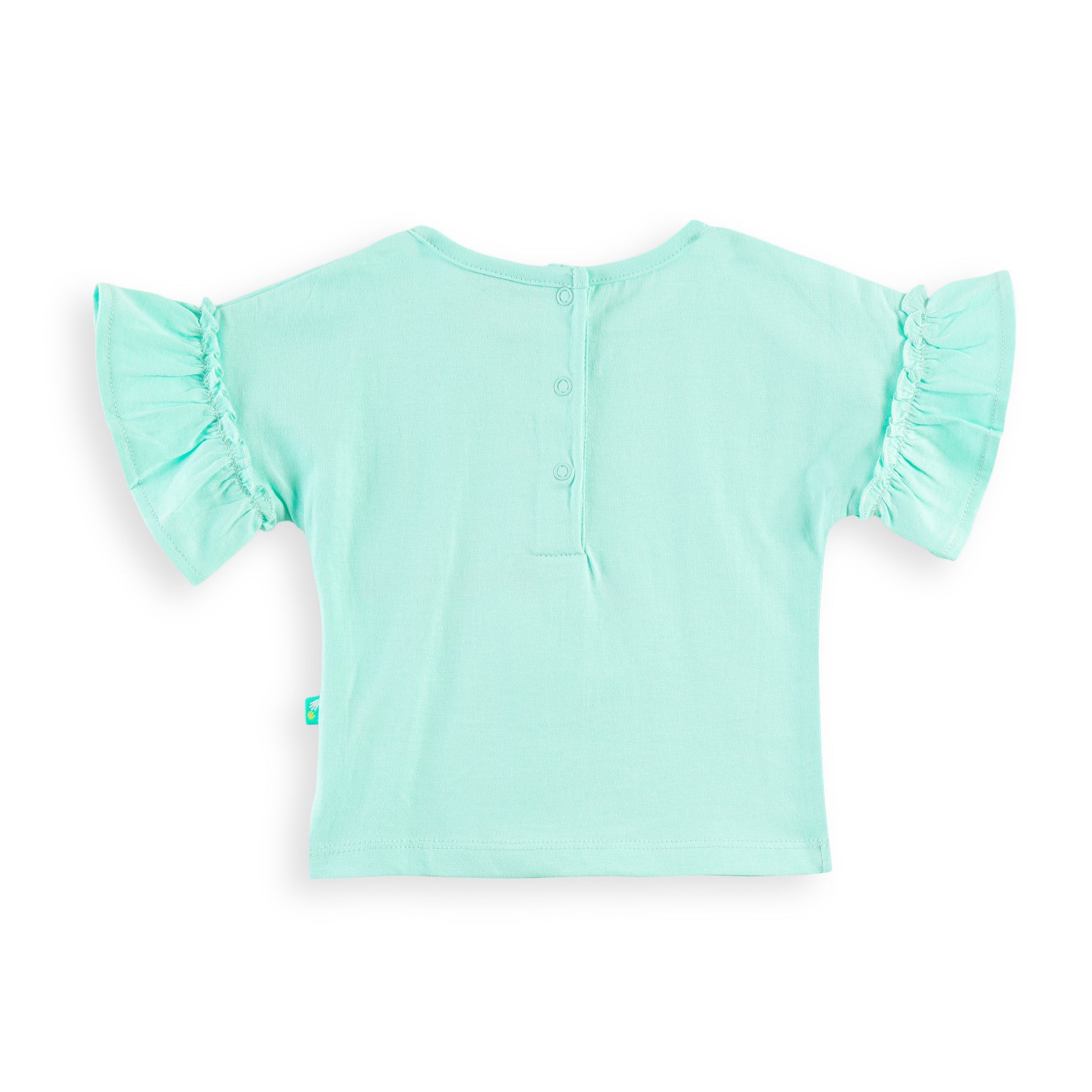 "Baby Girls Mint Green T-Shirt with Duck Print & Pink Floral Ruffle Shorts"