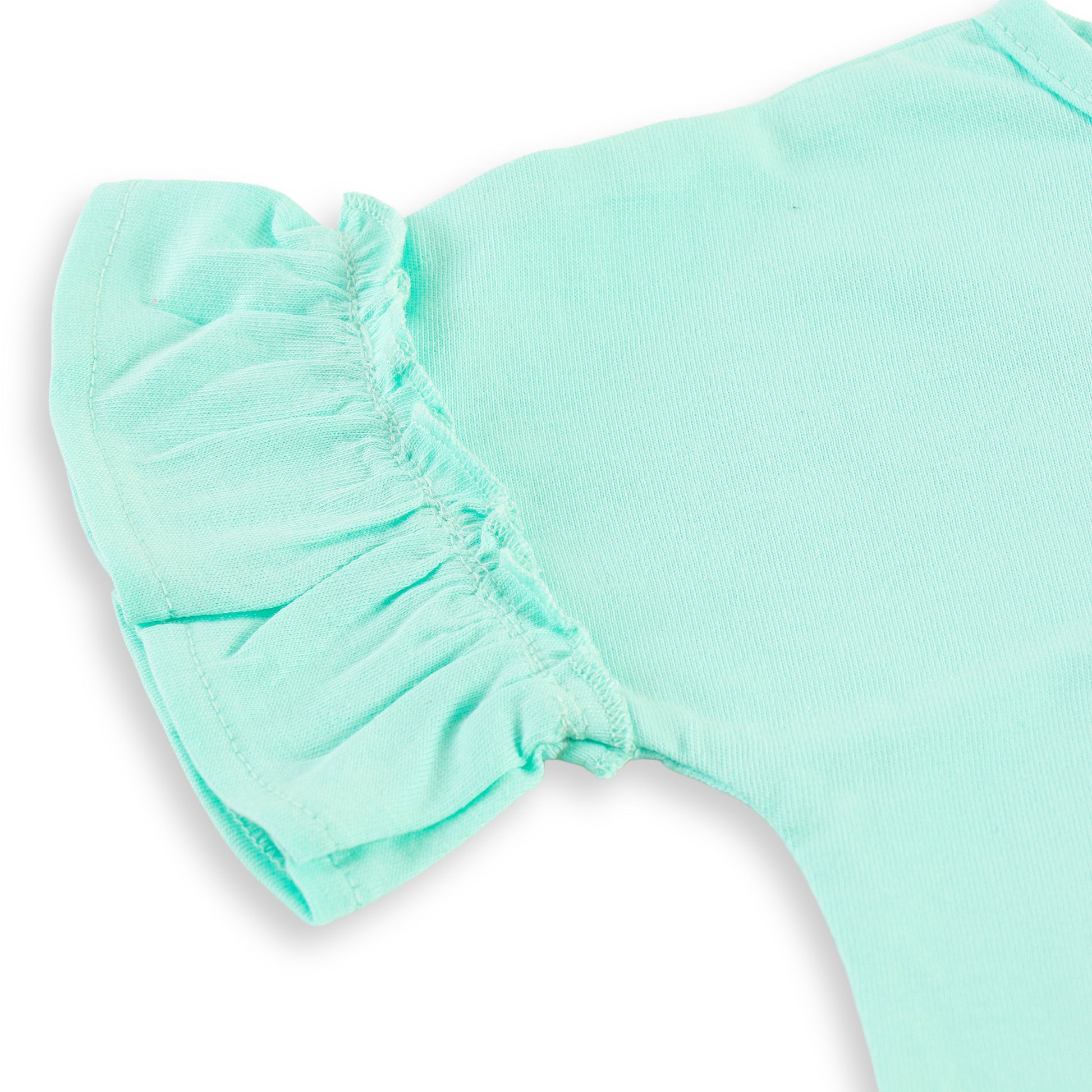 "Baby Girls Mint Green T-Shirt with Duck Print & Pink Floral Ruffle Shorts"