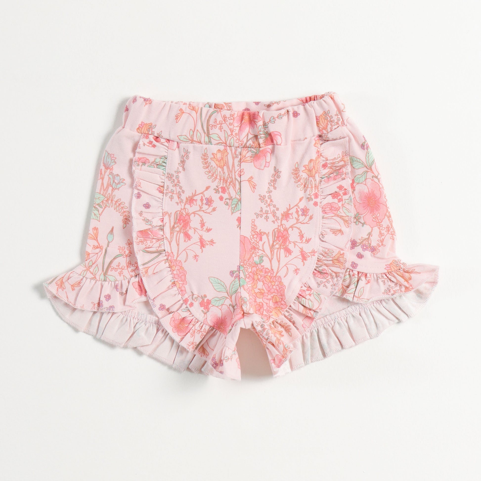 "Baby Girls Mint Green T-Shirt with Duck Print & Pink Floral Ruffle Shorts"