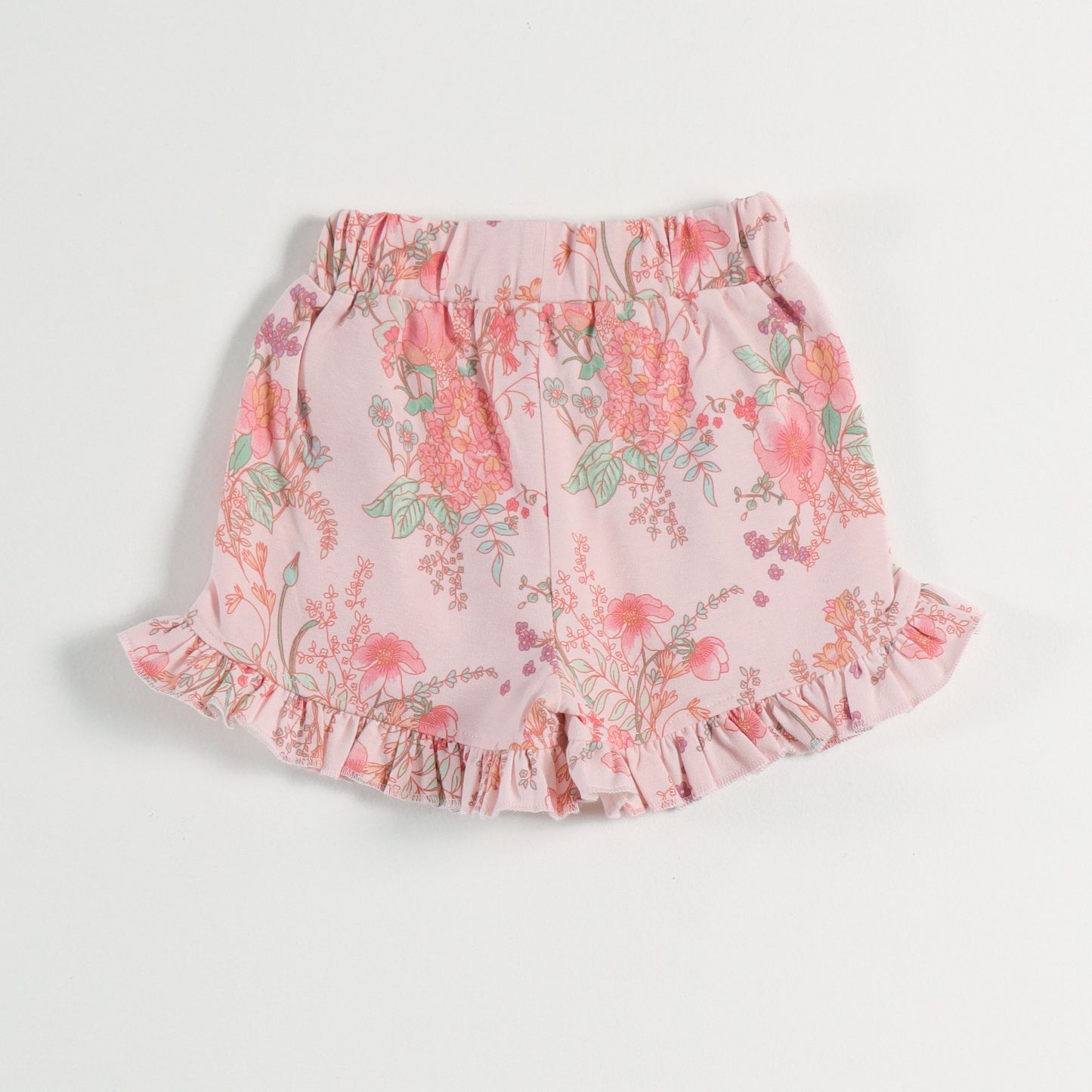 "Baby Girls Mint Green T-Shirt with Duck Print & Pink Floral Ruffle Shorts"