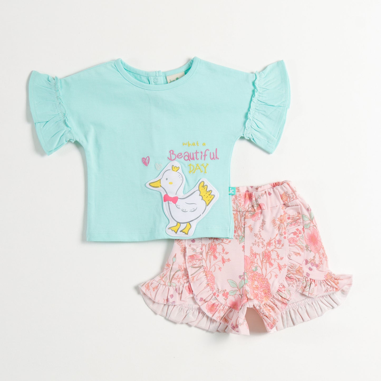 "Baby Girls Mint Green T-Shirt with Duck Print & Pink Floral Ruffle Shorts"