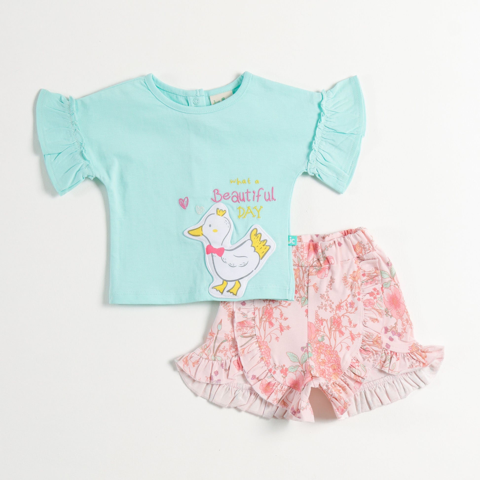 "Baby Girls Mint Green T-Shirt with Duck Print & Pink Floral Ruffle Shorts"