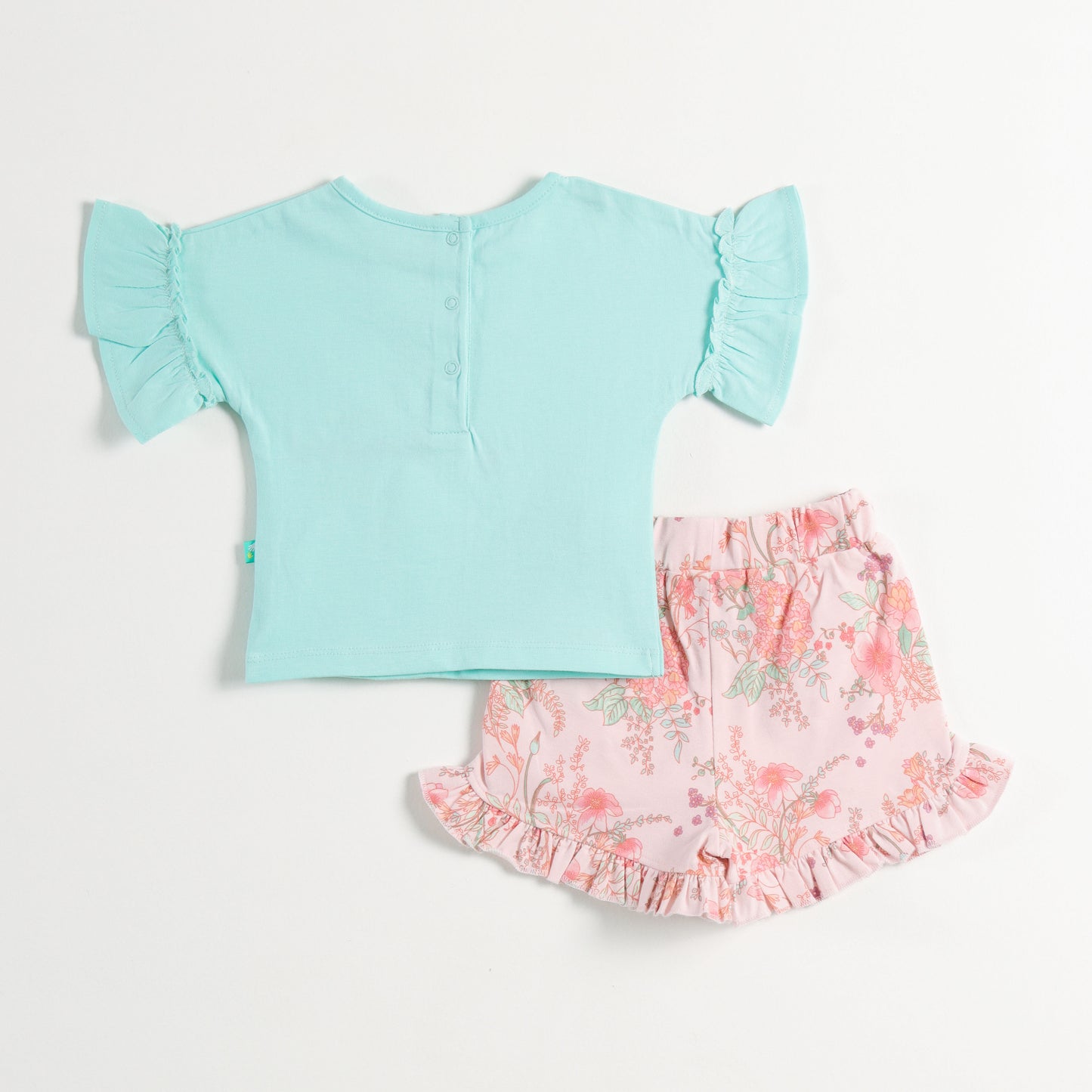 "Baby Girls Mint Green T-Shirt with Duck Print & Pink Floral Ruffle Shorts"