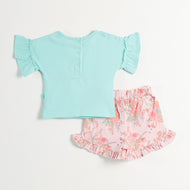 "Baby Girls Mint Green T-Shirt with Duck Print & Pink Floral Ruffle Shorts"