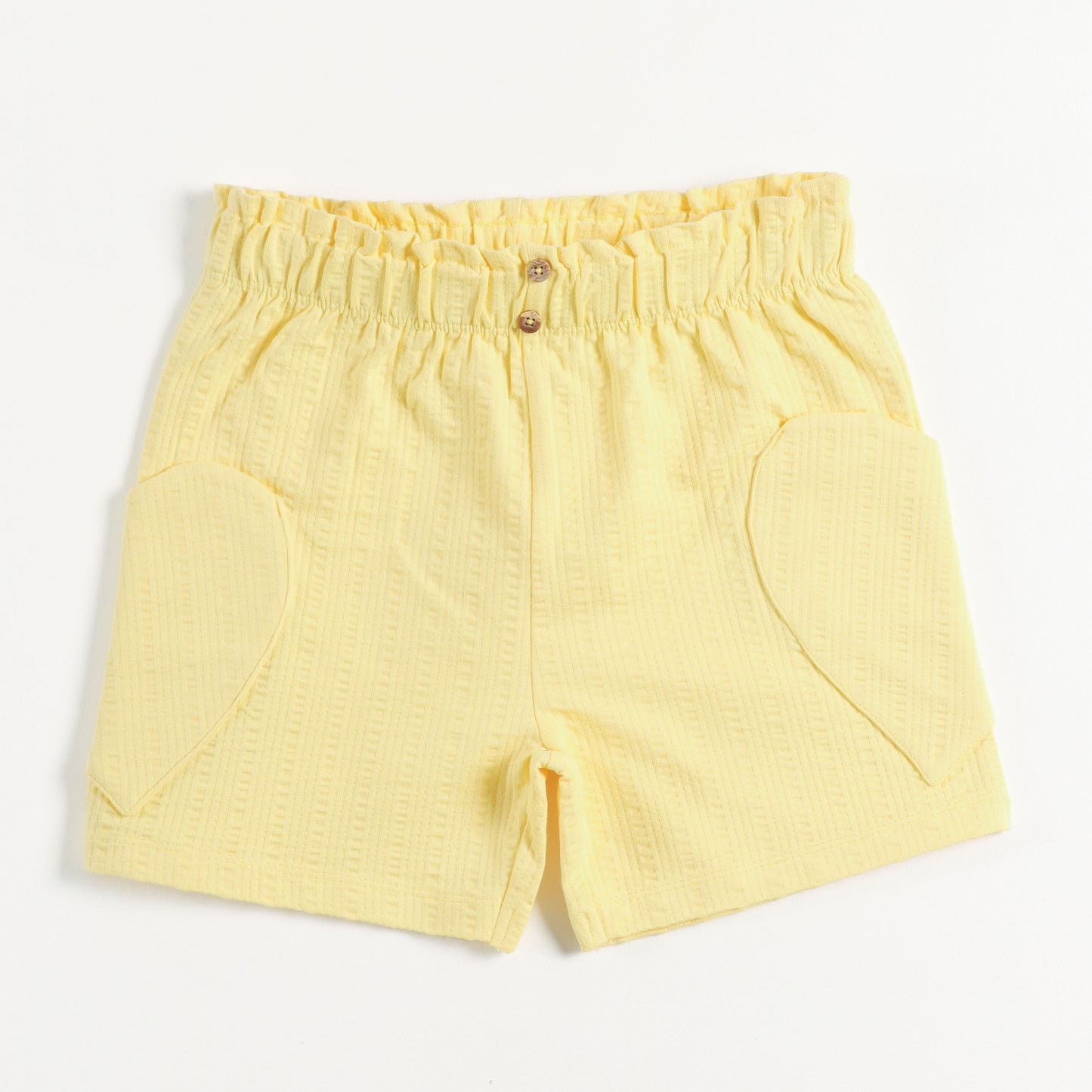 "Girls Yellow Casual Shorts with Stylish Texture, Stretch Waistband & Functional Pocket Design"