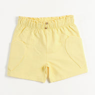 "Girls Yellow Casual Shorts with Stylish Texture, Stretch Waistband & Functional Pocket Design"