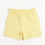 "Girls Yellow Casual Shorts with Stylish Texture, Stretch Waistband & Functional Pocket Design"