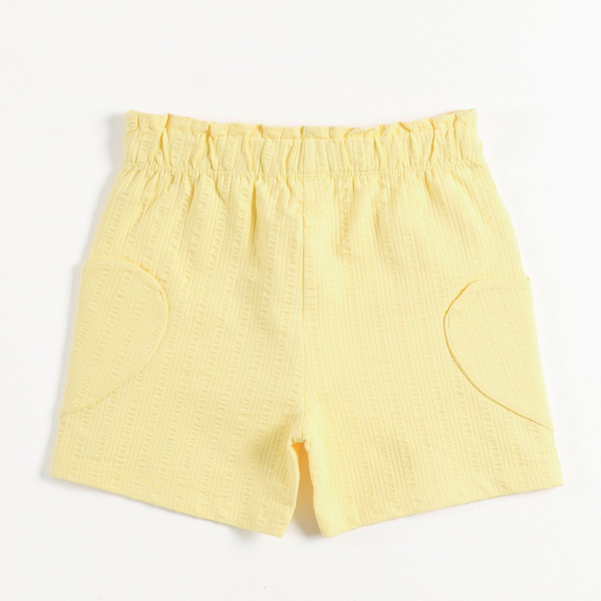 "Girls Yellow Casual Shorts with Stylish Texture, Stretch Waistband & Functional Pocket Design"