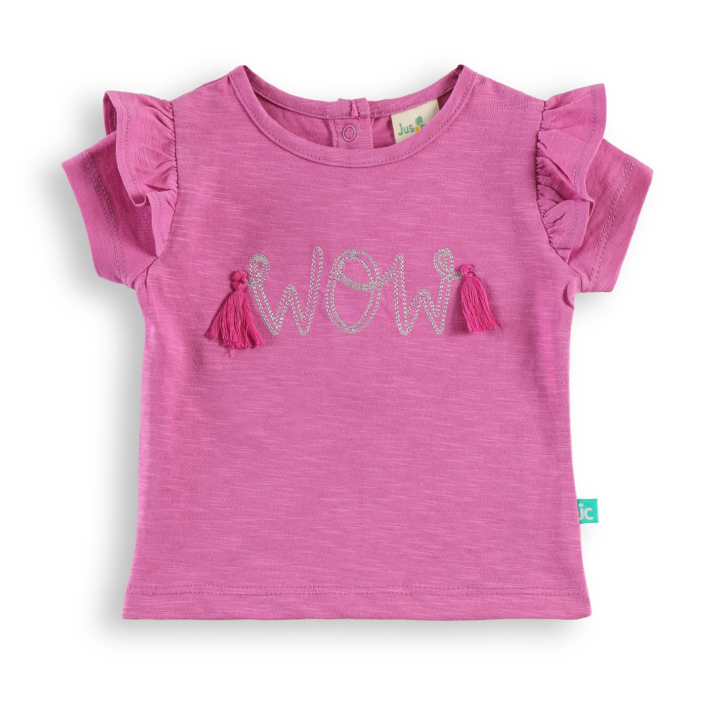 "Baby Girls Pink “WOW” Print T-shirt & Shorts Co-Ord Set with Tassel Embellishment"