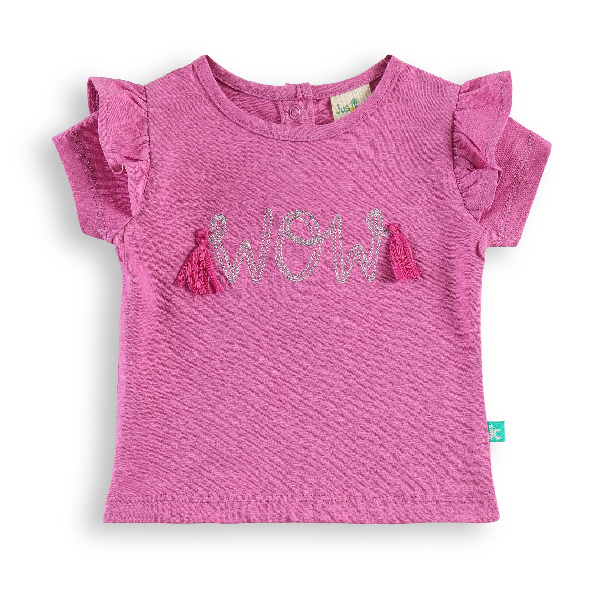 "Baby Girls Pink “WOW” Print T-shirt & Shorts Co-Ord Set with Tassel Embellishment"