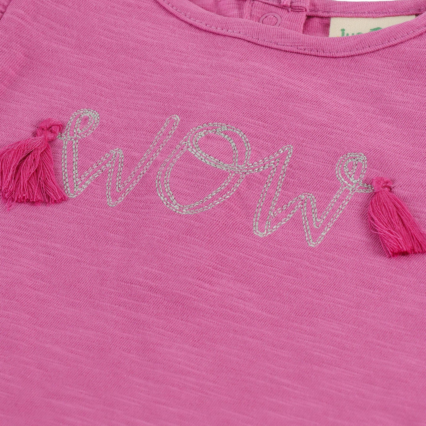 "Baby Girls Pink “WOW” Print T-shirt & Shorts Co-Ord Set with Tassel Embellishment"