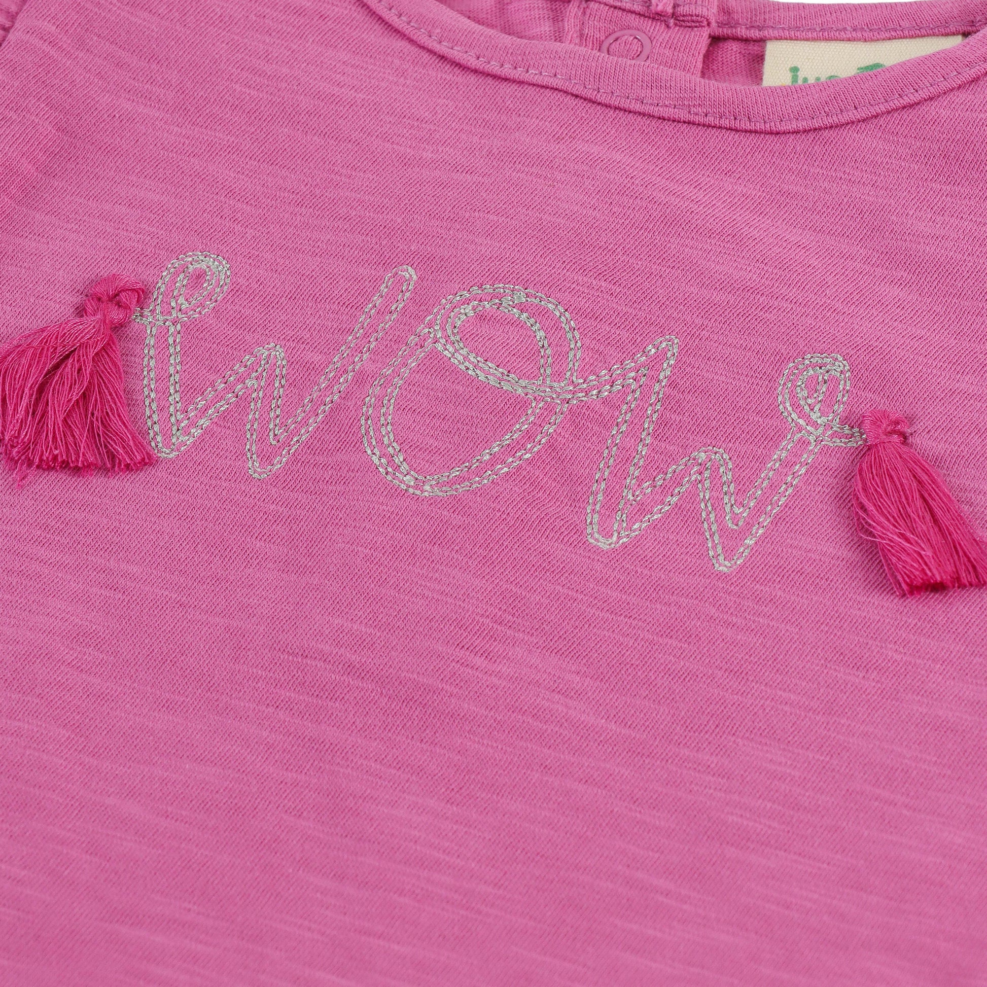 "Baby Girls Pink “WOW” Print T-shirt & Shorts Co-Ord Set with Tassel Embellishment"