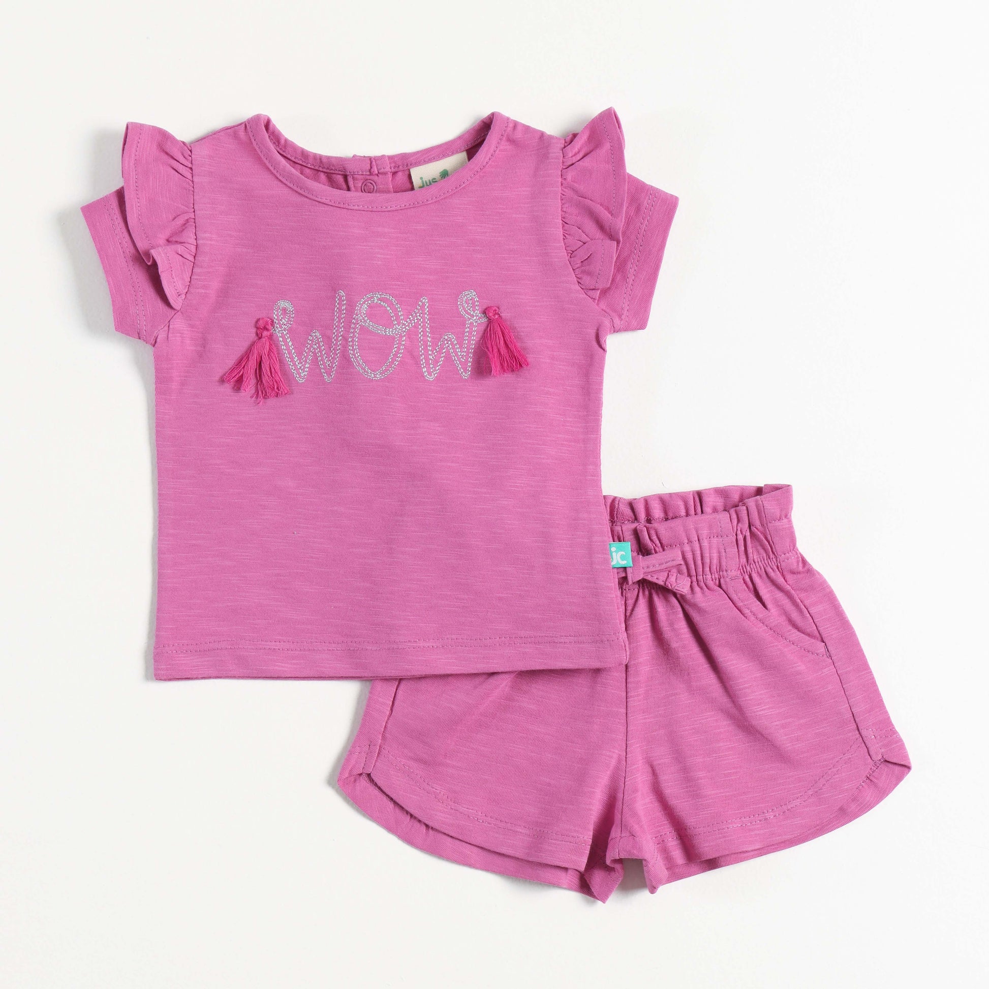 "Baby Girls Pink “WOW” Print T-shirt & Shorts Co-Ord Set with Tassel Embellishment"
