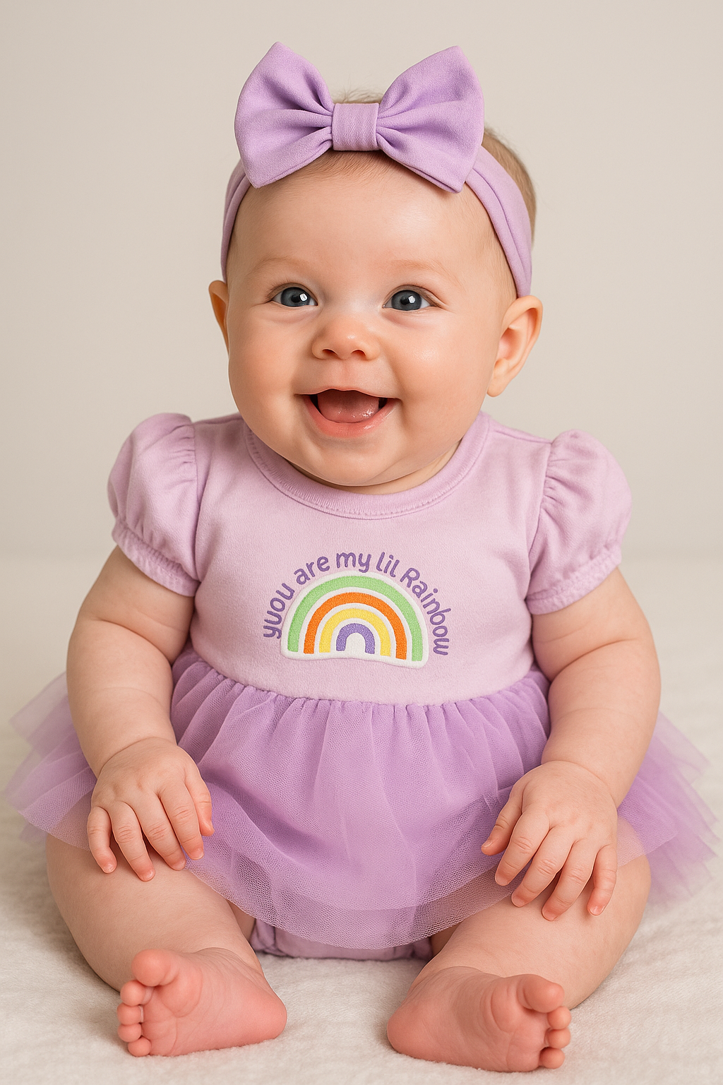 "Baby Girls' Cotton Purple Rainbow Print Bodysuit with Tulle Skirt and Puff Sleeves"