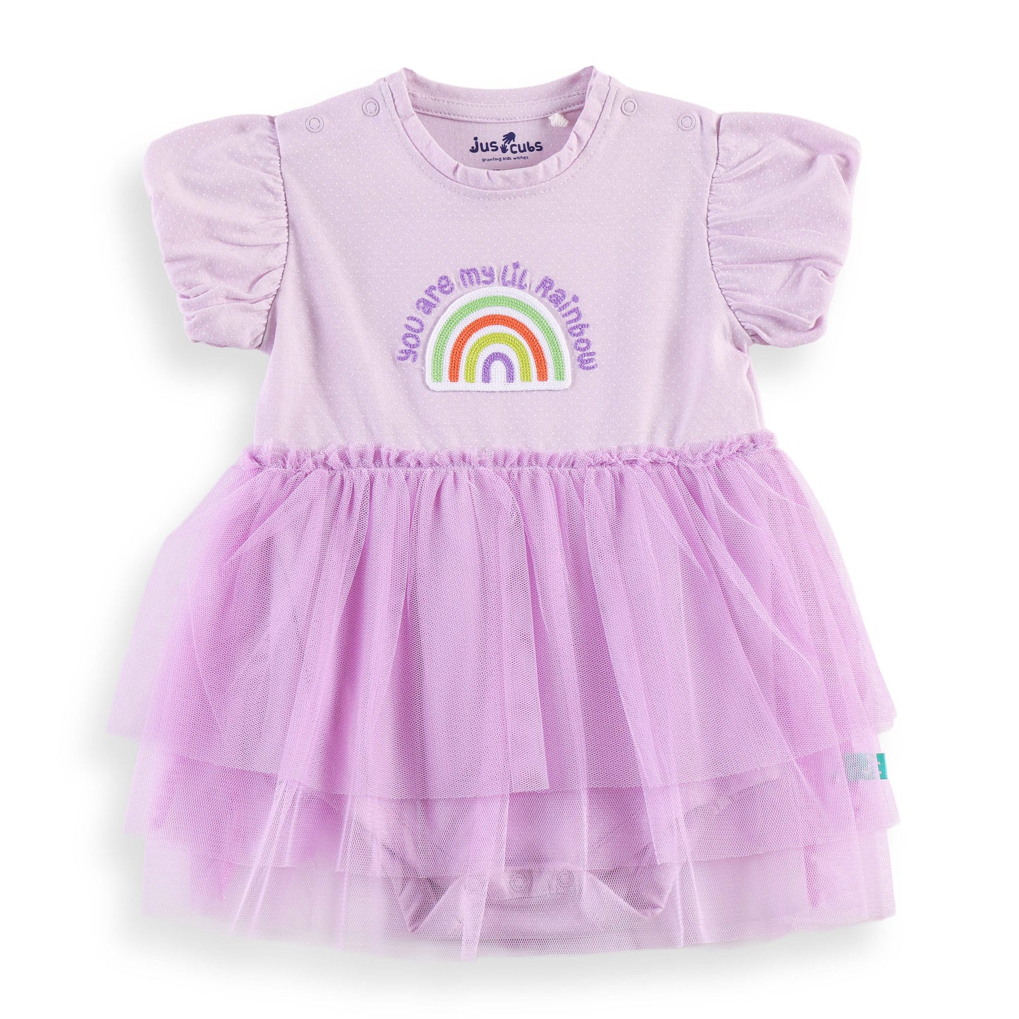"Baby Girls' Cotton Purple Rainbow Print Bodysuit with Tulle Skirt and Puff Sleeves"
