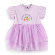 "Baby Girls' Cotton Purple Rainbow Print Bodysuit with Tulle Skirt and Puff Sleeves"