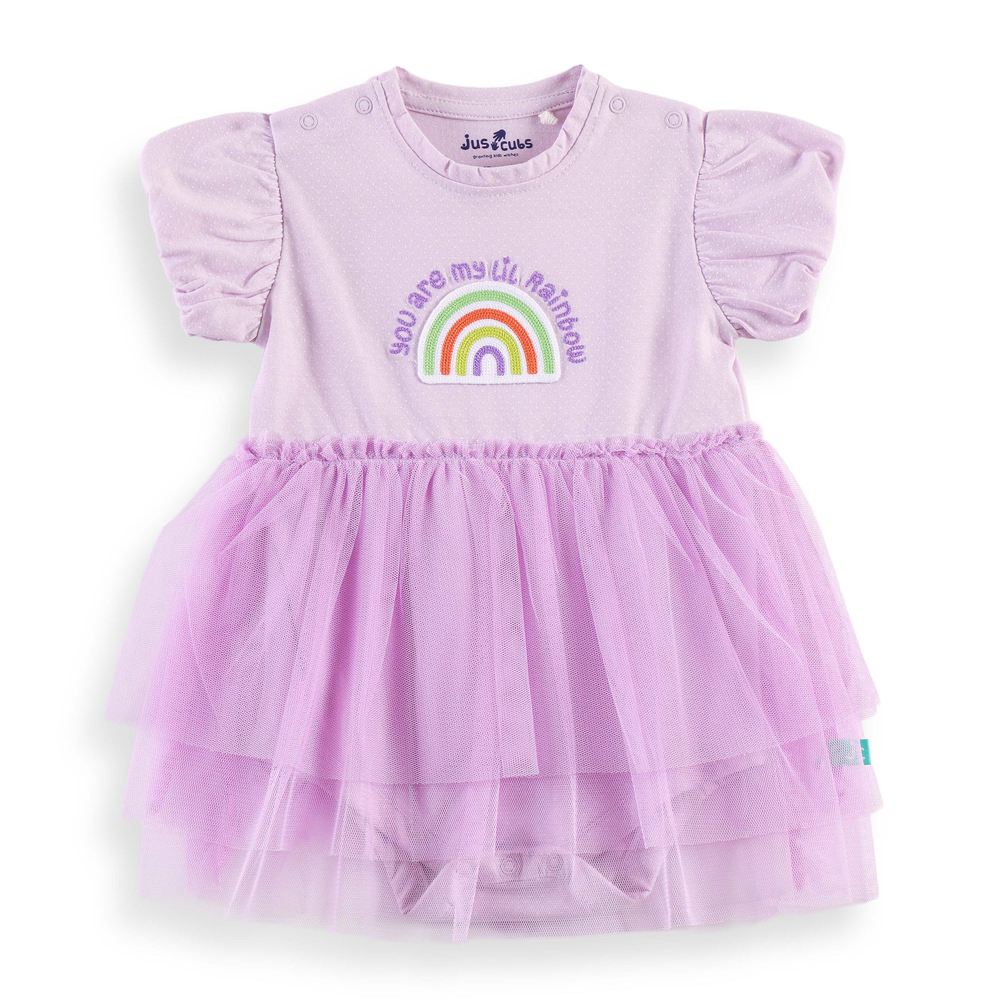 "Baby Girls' Cotton Purple Rainbow Print Bodysuit with Tulle Skirt and Puff Sleeves"