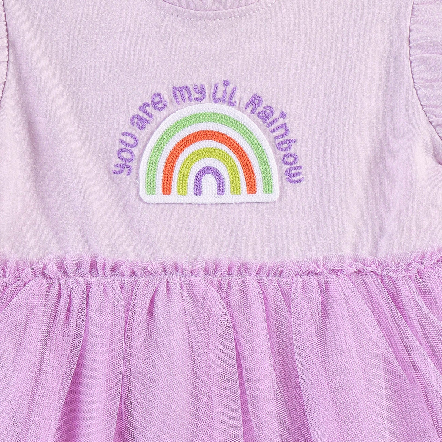 "Baby Girls' Cotton Purple Rainbow Print Bodysuit with Tulle Skirt and Puff Sleeves"