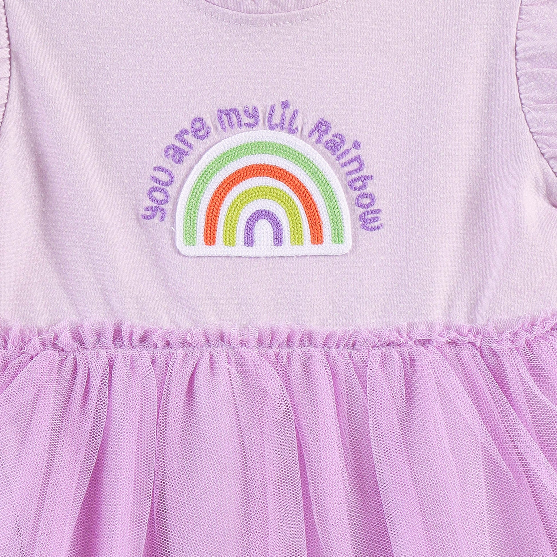 "Baby Girls' Cotton Purple Rainbow Print Bodysuit with Tulle Skirt and Puff Sleeves"