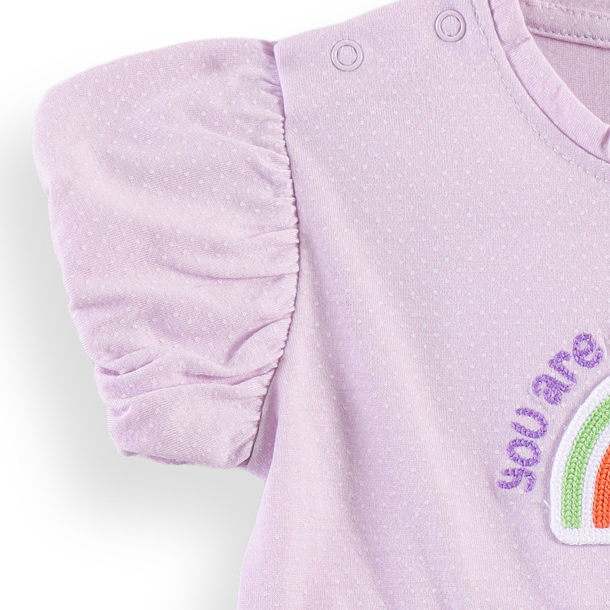 "Baby Girls' Cotton Purple Rainbow Print Bodysuit with Tulle Skirt and Puff Sleeves"