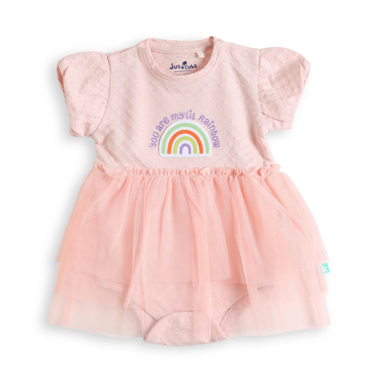 "Baby Girls Pink Rainbow Embroidered Tulle Dress Bodysuit – Soft Cotton Onesie with Flutter Sleeves"