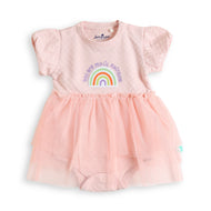 "Baby Girls Pink Rainbow Embroidered Tulle Dress Bodysuit – Soft Cotton Onesie with Flutter Sleeves"