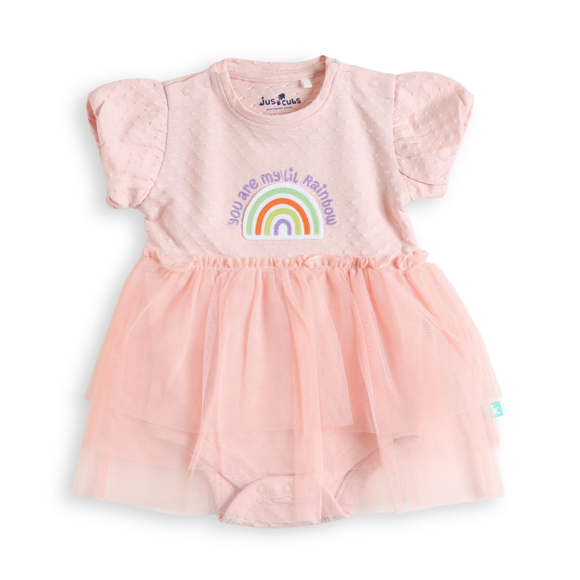 "Baby Girls Pink Rainbow Embroidered Tulle Dress Bodysuit – Soft Cotton Onesie with Flutter Sleeves"