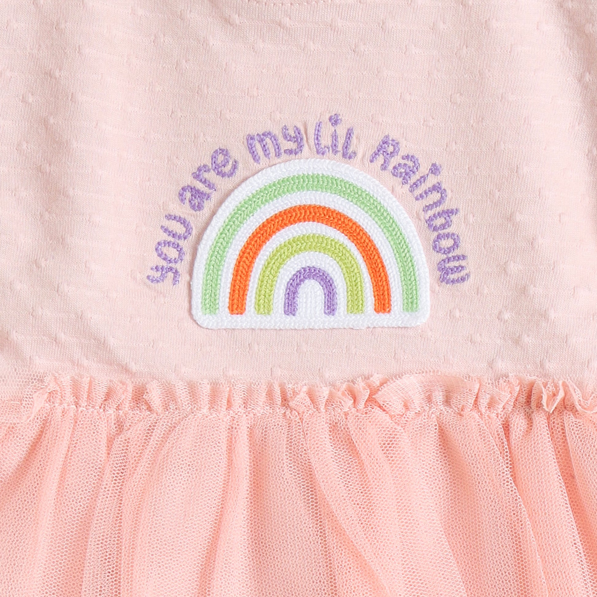 "Baby Girls Pink Rainbow Embroidered Tulle Dress Bodysuit – Soft Cotton Onesie with Flutter Sleeves"