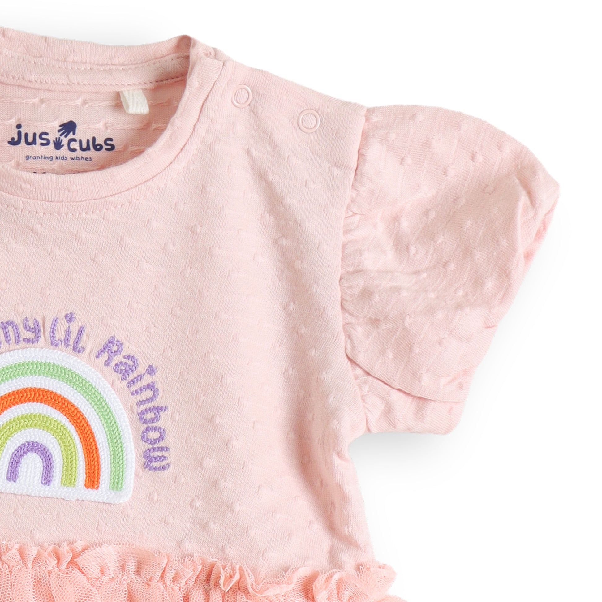 "Baby Girls Pink Rainbow Embroidered Tulle Dress Bodysuit – Soft Cotton Onesie with Flutter Sleeves"