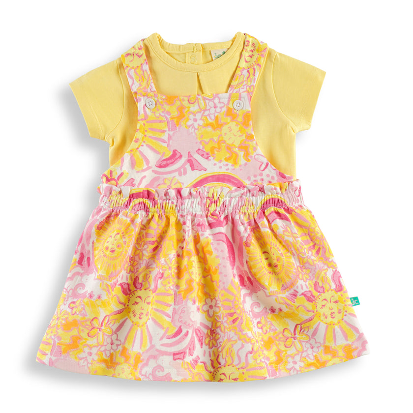 "Girls Sunshine Print Pinafore Dress with Matching Yellow T-Shirt – Comfortable Cotton Set"