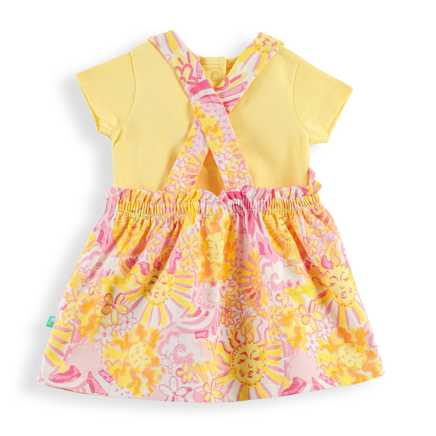 "Girls Sunshine Print Pinafore Dress with Matching Yellow T-Shirt – Comfortable Cotton Set"