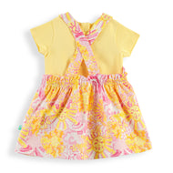 "Girls Sunshine Print Pinafore Dress with Matching Yellow T-Shirt – Comfortable Cotton Set"