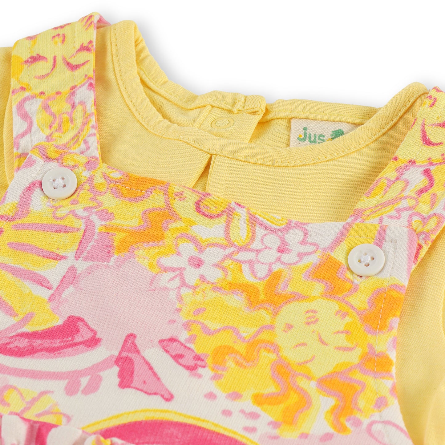 "Girls Sunshine Print Pinafore Dress with Matching Yellow T-Shirt – Comfortable Cotton Set"