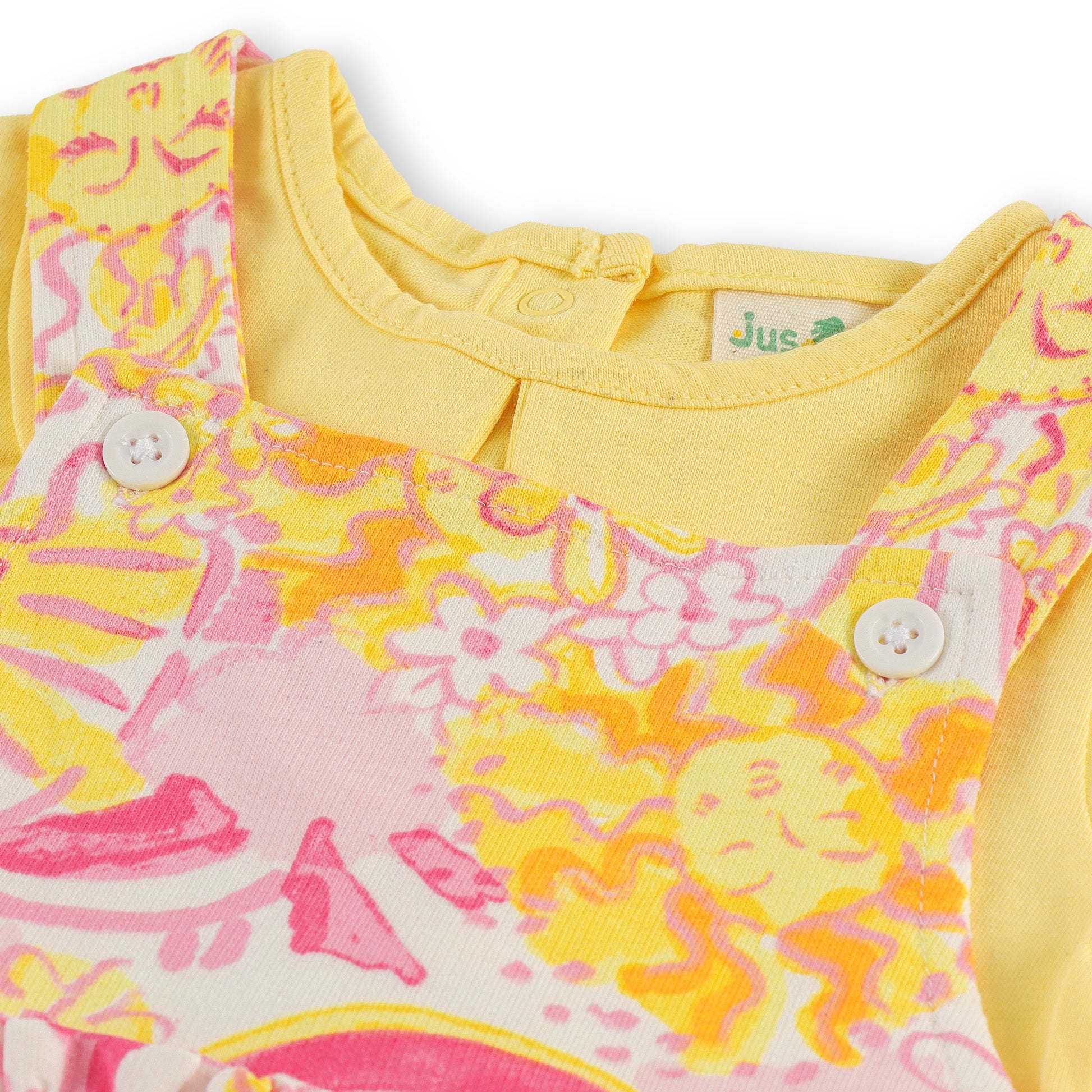 "Girls Sunshine Print Pinafore Dress with Matching Yellow T-Shirt – Comfortable Cotton Set"