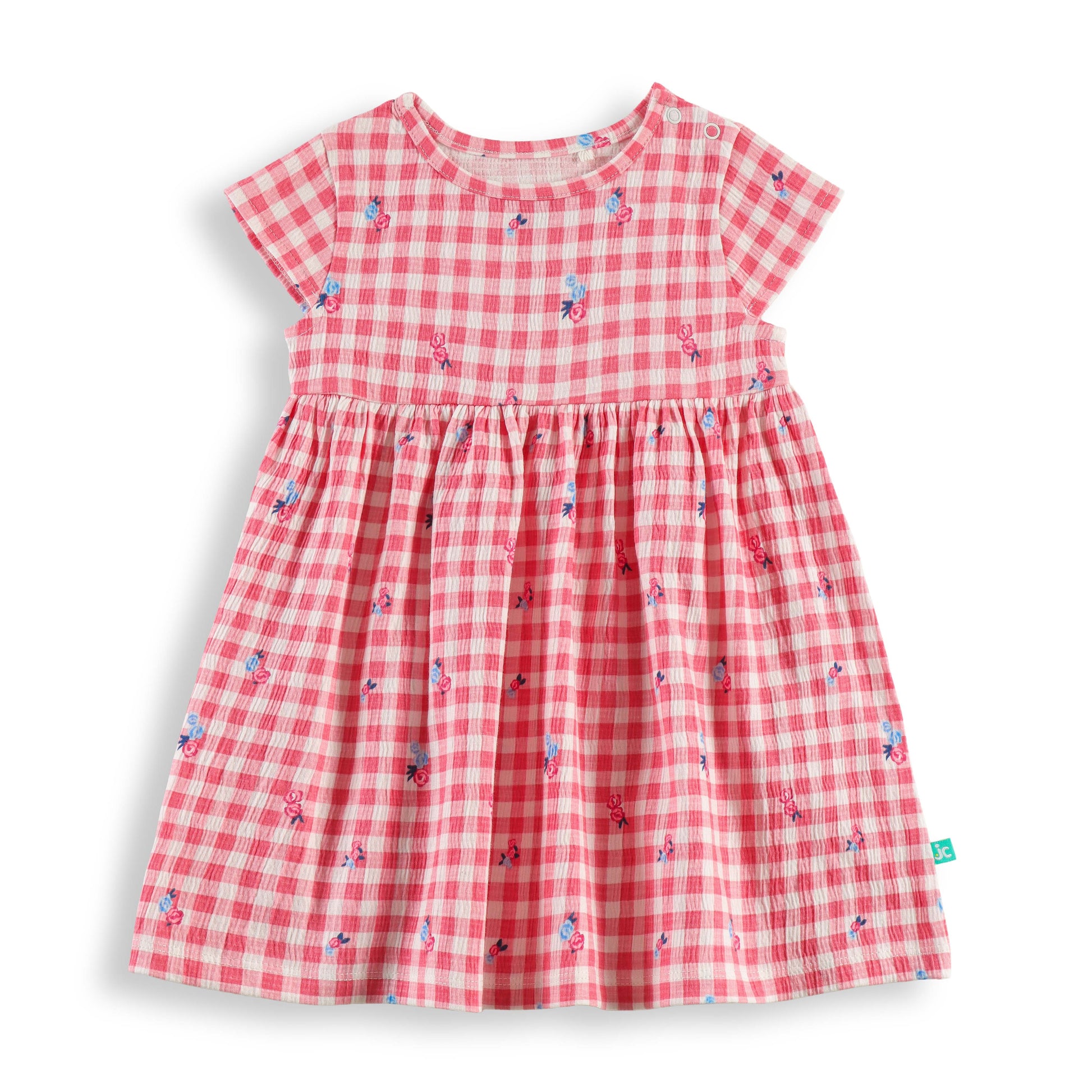 "Baby Girls Pink Checkered Cotton Dress with Tiny Floral Print – Soft, Lightweight & Comfortable Wear"