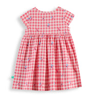 "Baby Girls Pink Checkered Cotton Dress with Tiny Floral Print – Soft, Lightweight & Comfortable Wear"