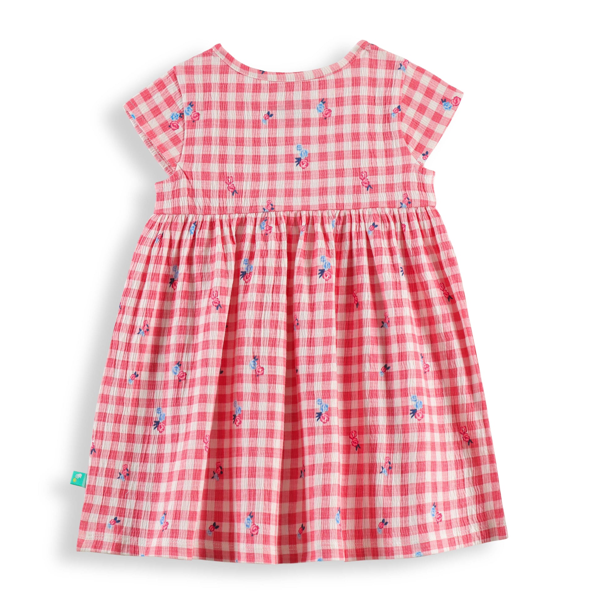 "Baby Girls Pink Checkered Cotton Dress with Tiny Floral Print – Soft, Lightweight & Comfortable Wear"