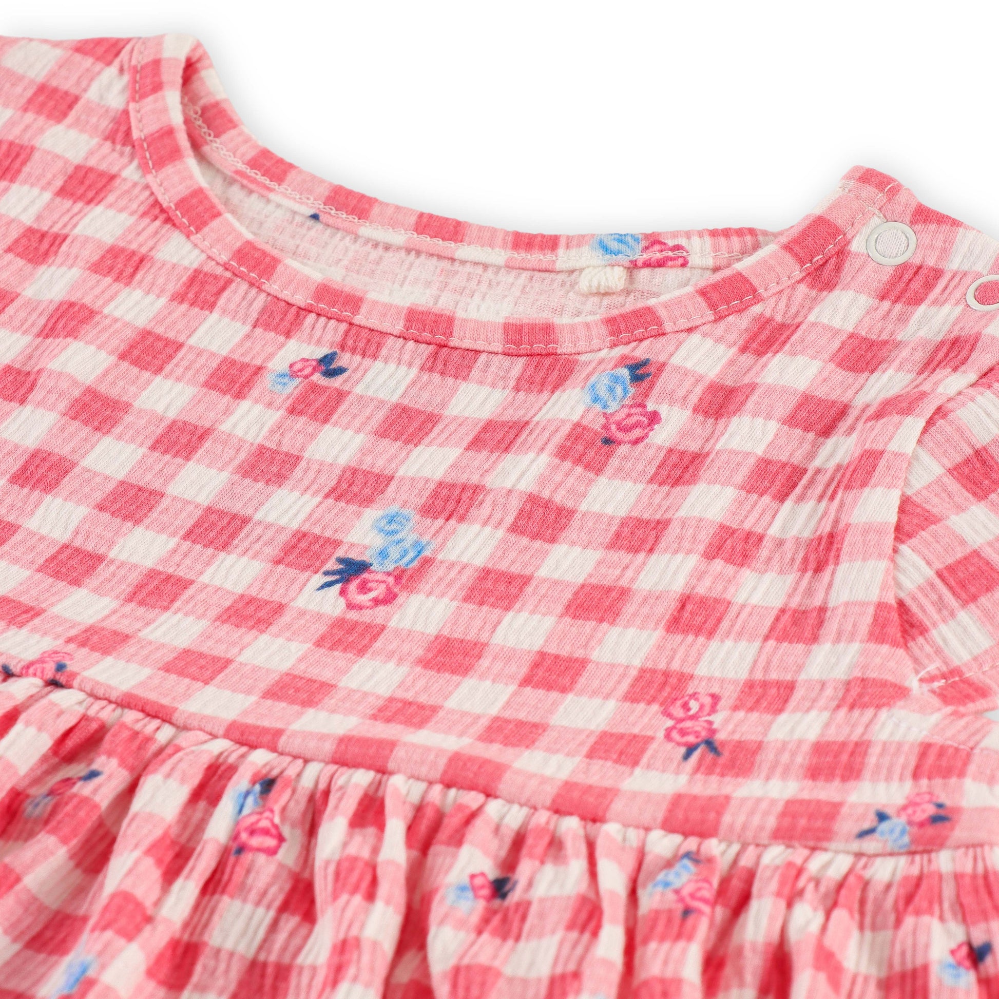 "Baby Girls Pink Checkered Cotton Dress with Tiny Floral Print – Soft, Lightweight & Comfortable Wear"