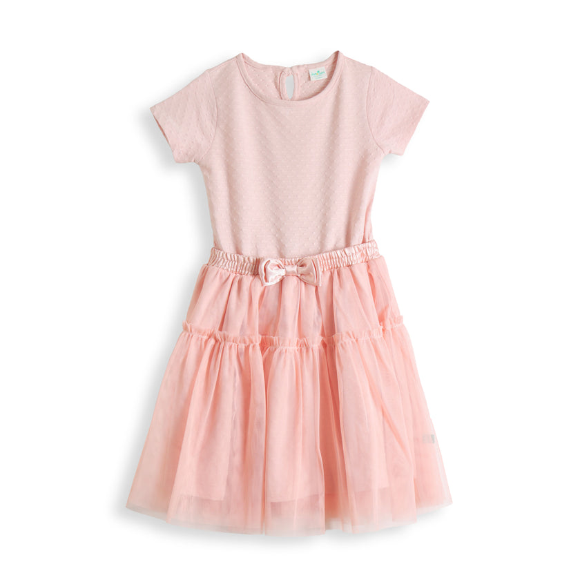 "Girls Pink Princess Party Dress – Layered Net Skirt & Bow Waist"