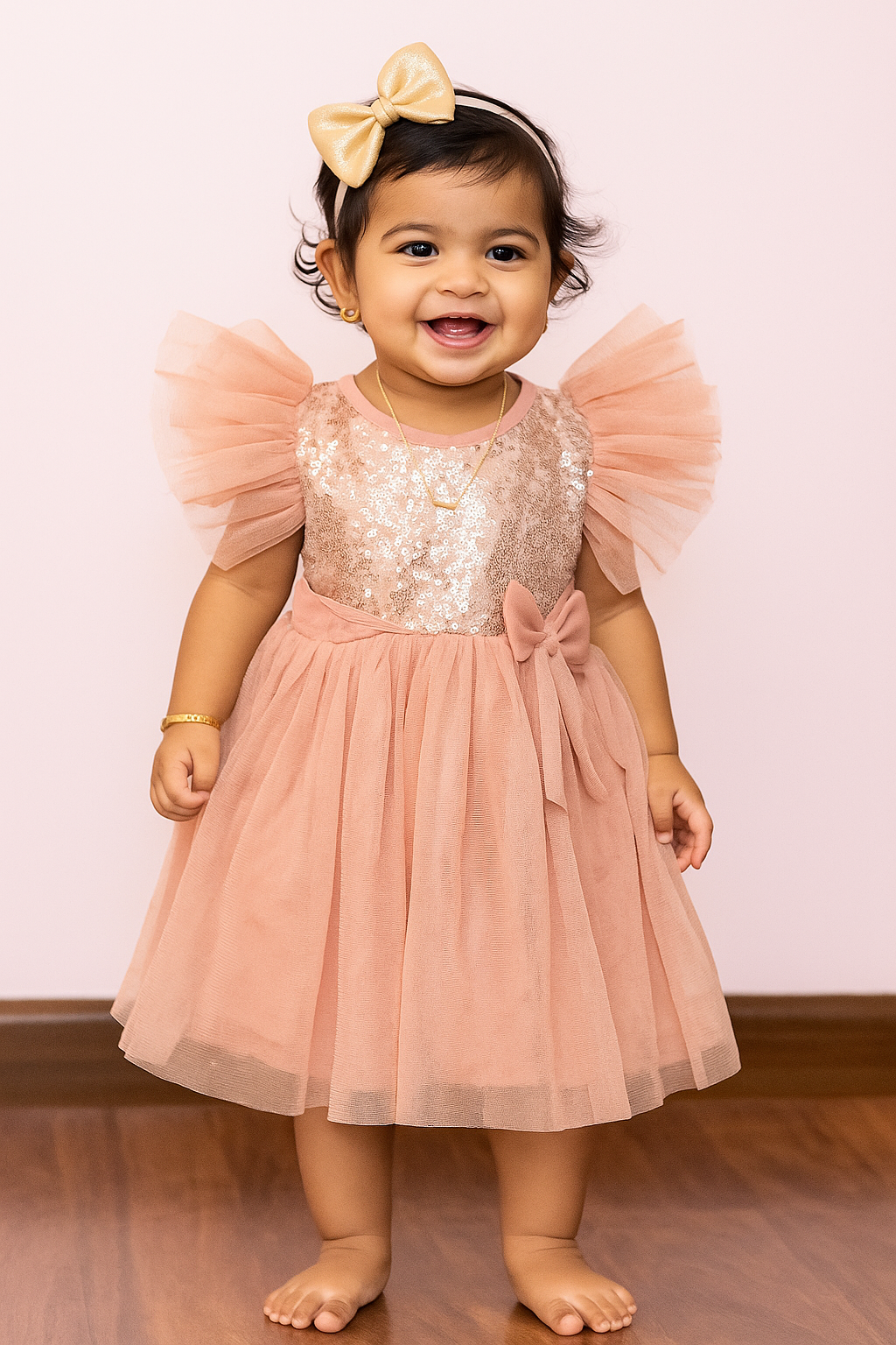 "Baby Girls' Pink Party Dress with Sequined Bodice, Flutter Sleeves & Bow Detail"