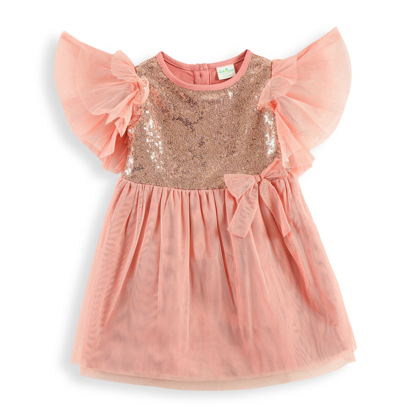 "Baby Girls' Pink Party Dress with Sequined Bodice, Flutter Sleeves & Bow Detail"