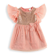 "Baby Girls' Pink Party Dress with Sequined Bodice, Flutter Sleeves & Bow Detail"