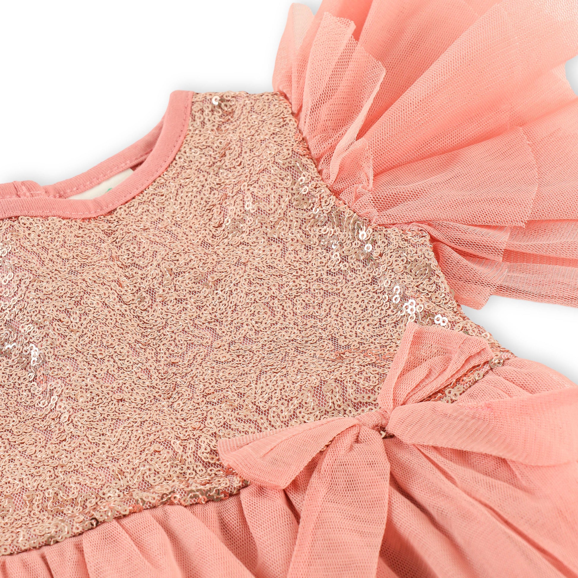 "Baby Girls' Pink Party Dress with Sequined Bodice, Flutter Sleeves & Bow Detail"