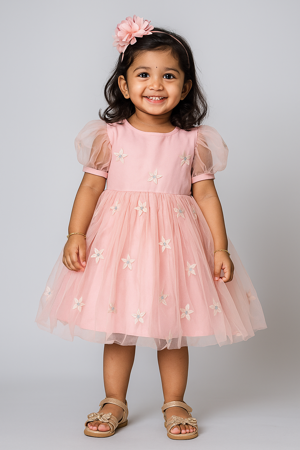 "Baby Girls Floral Embroidered Pink Tulle Dress with Short Sleeves"