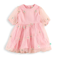 "Baby Girls Floral Embroidered Pink Tulle Dress with Short Sleeves"