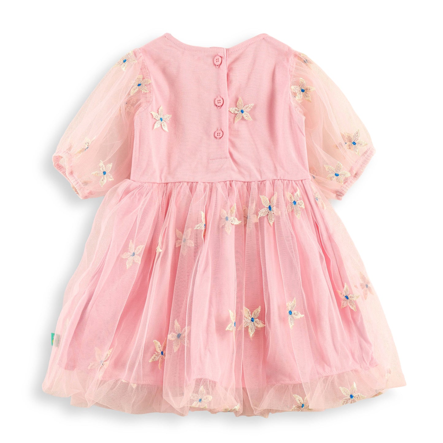 "Baby Girls Floral Embroidered Pink Tulle Dress with Short Sleeves"