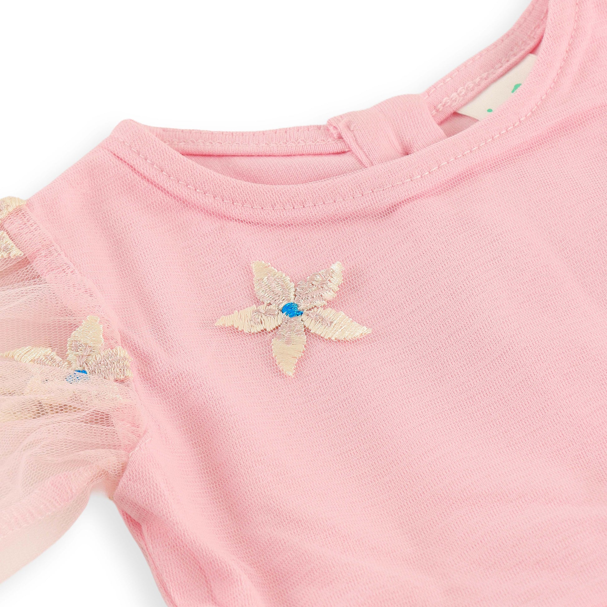 "Baby Girls Floral Embroidered Pink Tulle Dress with Short Sleeves"