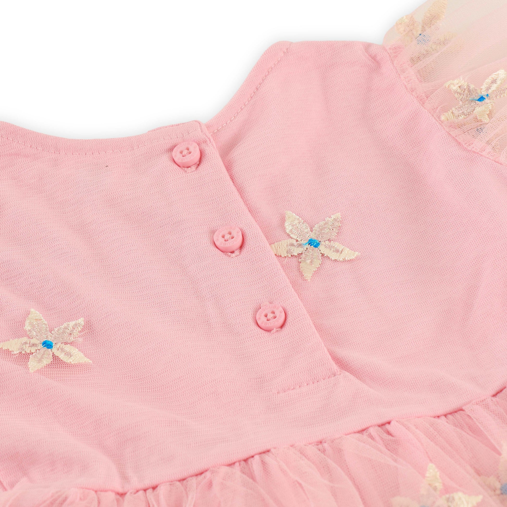 "Baby Girls Floral Embroidered Pink Tulle Dress with Short Sleeves"