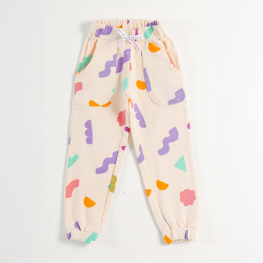 "Girls Multicolor Abstract Print Cotton Jogger Pants with Elastic Waist & Pockets – Soft & Comfortable Daily Wear"